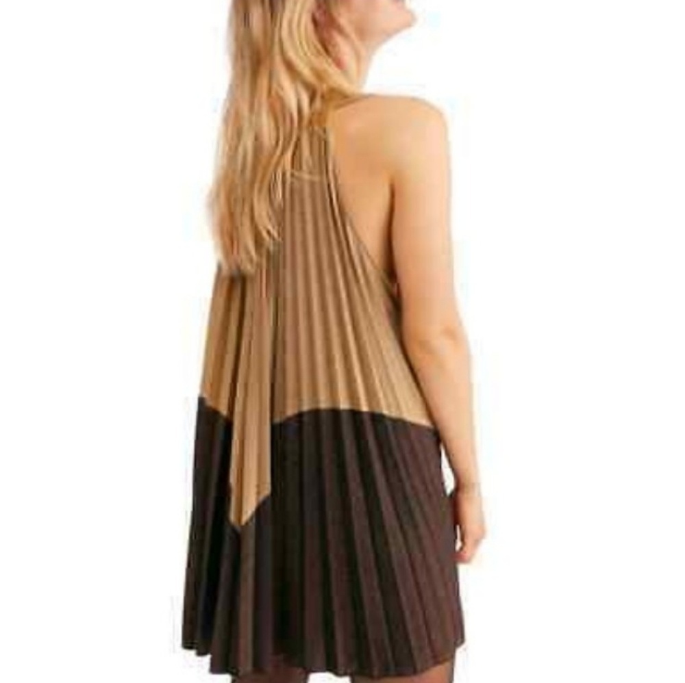 NEW Free People Brown & Gold Pleated Dress Boho Avante Garde, S - Picture 2 of 2